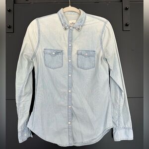 Distressed denim button down shirt with jewel embellishments